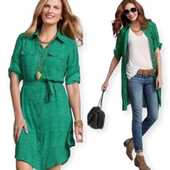 CAbi Dresses & Skirts - CAbi green & white polka dot shirt dress Womens Medium